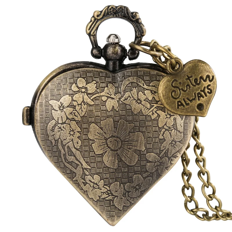 Vintage Heart Shape Full Hunter Arabic Number Necklace Pendant Quartz Pocket Watch with