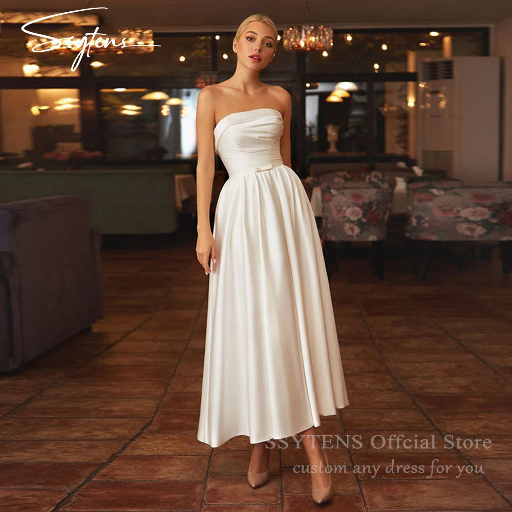 SSYTENS Midi Satin Wedding Dresses Pockets Strapless Bridemaid Ankle-Length Simple Bride Dress Lace-Up Back Vestido Bridal Gowns