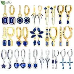 925 Sterling Silver Needle Luxury Blue Zircon Pendant Earrings 2025 New Fashion Small Hoop Earrings for Women Party Jewelry Gift