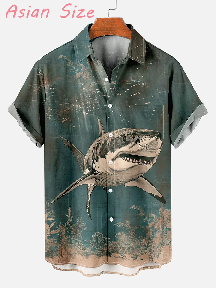 

Ретро-рубашки в гавайском стиле с графическим принтом «Акула», винтажные, классические, летние, унисекс, с отложным воротником, на одной пуговице, для пляжа, подарки, 2026