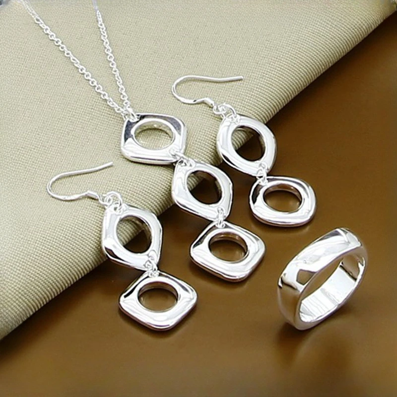 

CHUANGCHENG Earrings rings silver 925 Cube Shape Hollow Round Link Necklaces Earrings for Women Rings Accessories Jewelry Set