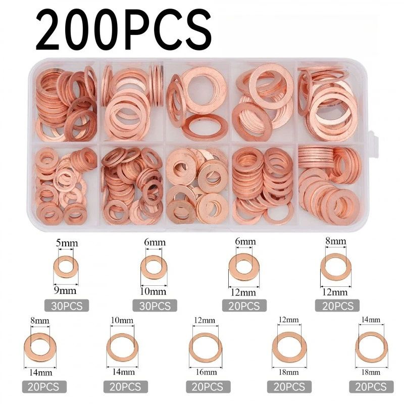 200pcs Copper Washer Gasket Nut & Bolt Set O-ring Copper Gasket Flat Ring Sealing Kit (M5/M6/M8/M10/M12/M14)