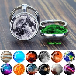 Moon Sun Earth Planet Keychains Luminous Galaxy Solar System Glass Dome Double Side Pendant Key Chains Glow in The Dark Keyring