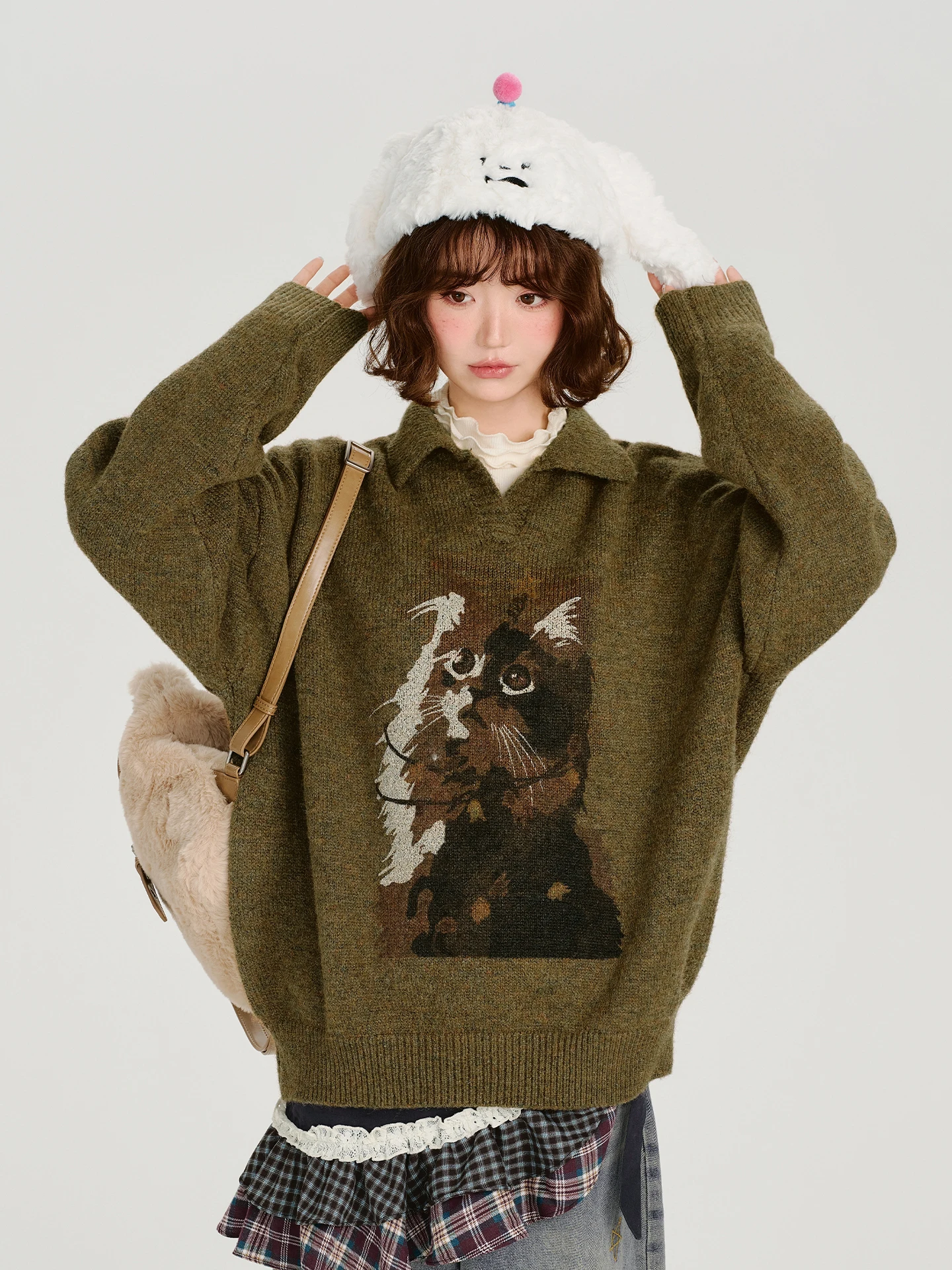 

Женский свитер с воротником в американском ретро-стиле с принтом, осенне-зимний, свободный вязаный топ, повседневный, свободного кроя, модный