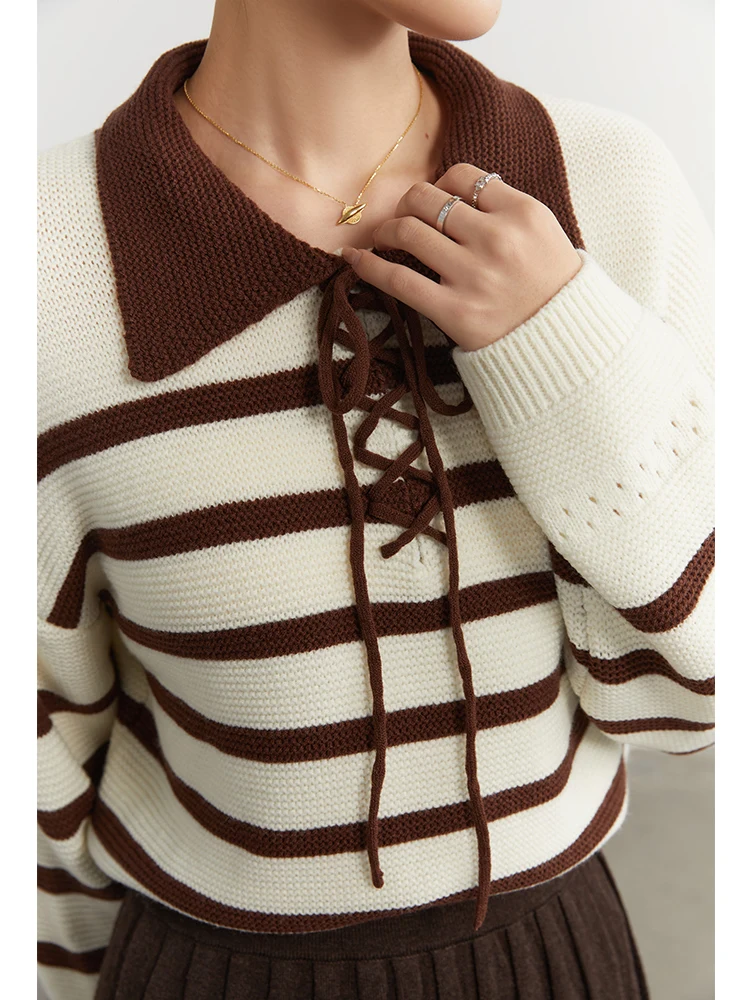 DUSHU Contrasting Color Lapel Age-reducing Knitted Sweater for Women Autumn Winter Slimming Retro Beige Coffee Striped Top Women