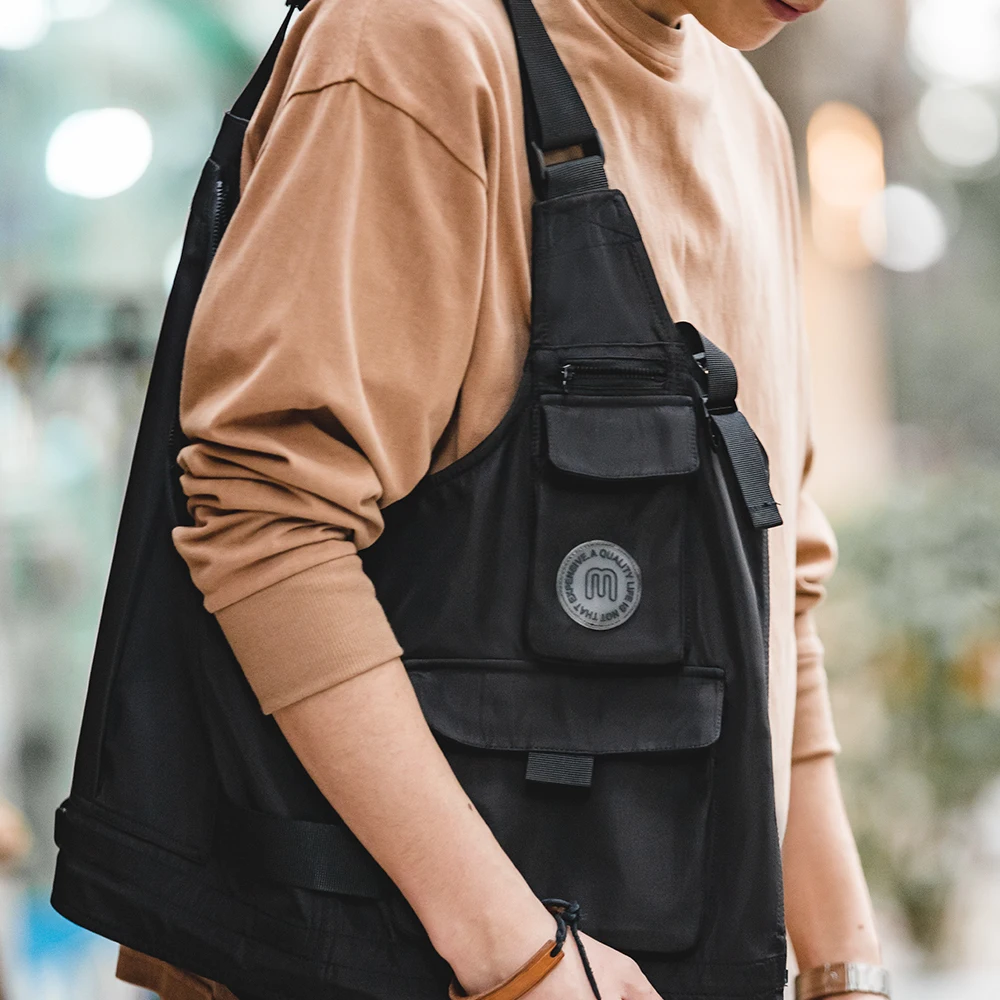 Maden Multi-Pocket Functional Wind Vest for Men Sleeveless Tops Vest Dual Purpose Crossbody Jacket Wide Shoulder Strap Solid Bag