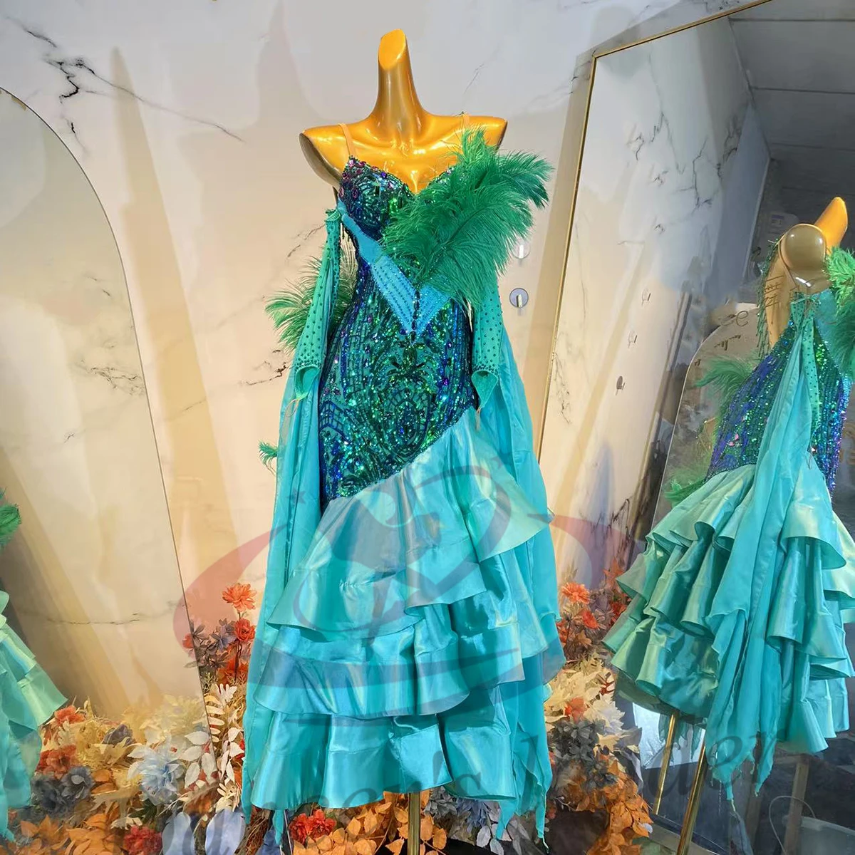 فستان الرقص اللاتيني للبالغين والأطفال، فستان زهري مخصص عالي الجودة من حجر الراين، تنورة كبيرة، ملابس الفالس النسائية الاحترافية