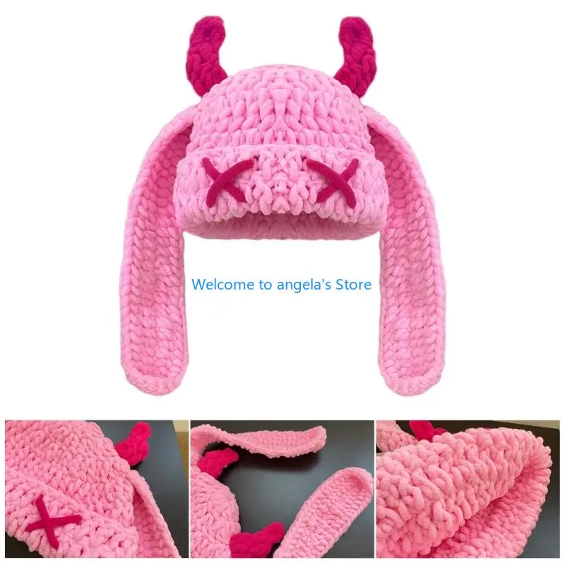 X4YC Knitted Brimless Hat Long Ear Cosplay Devil Horn Hat For Halloween Party Gathering