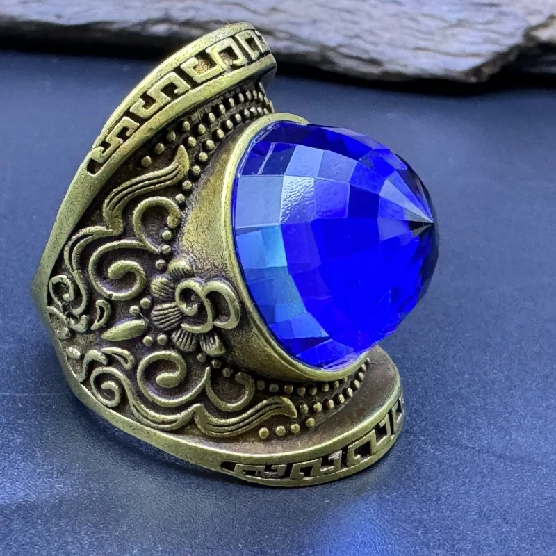 Vintage Cultivated Blue Gemstone Ring, 20mm Faceted Stone, Hardness Over 9 Men Statement Jewelry Gift