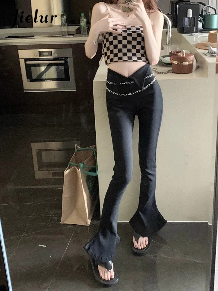 

Jielur Korean Fashion High Waist Chain Tight Pencil Pants Women Spring New Retro Black Slim Fit Elastic Versatile Horn Pants