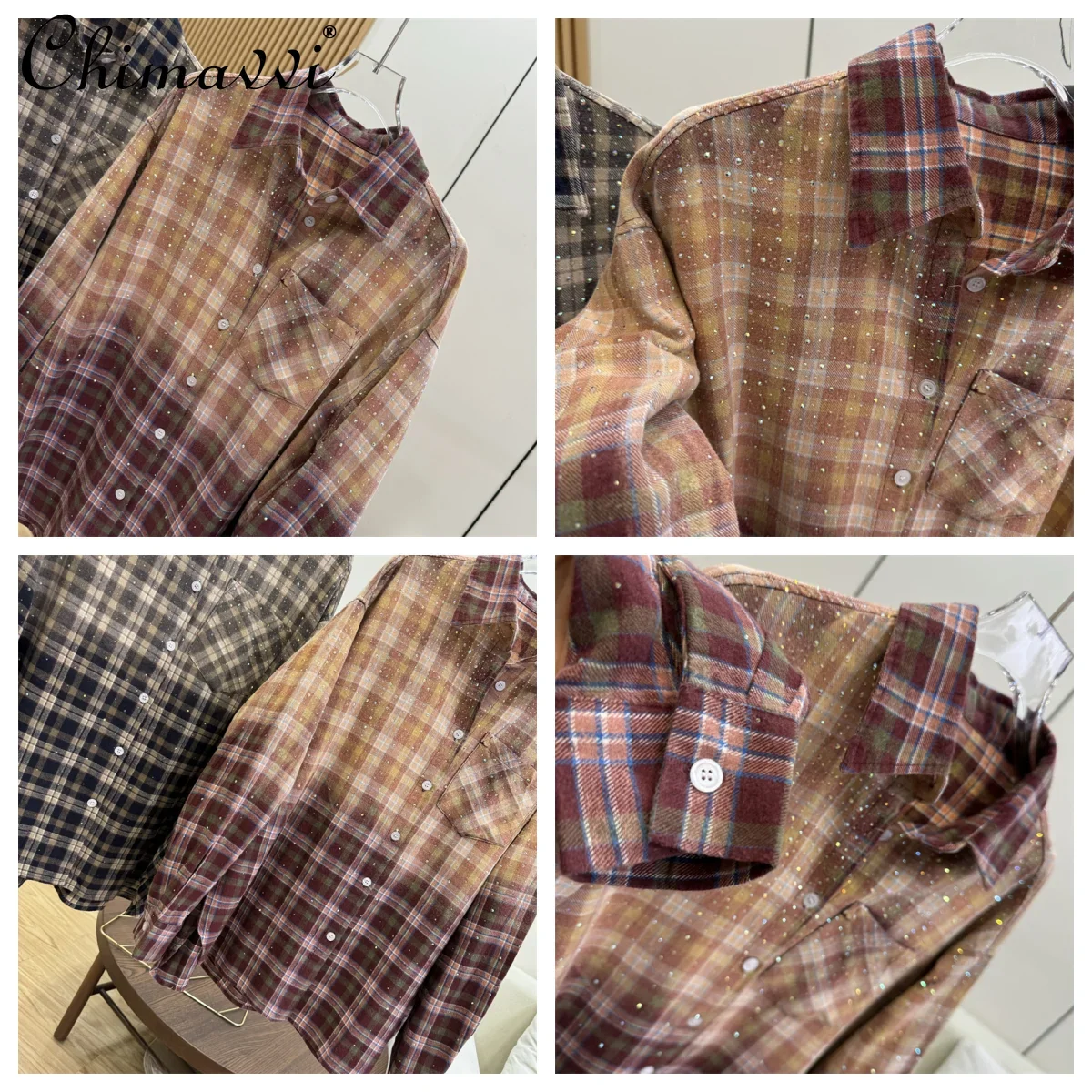 Camicia a maniche lunghe scozzese con diamanti pesanti della stazione europea Primavera Cappotto camicetta impilata casual a maniche lunghe allentato di nuova moda