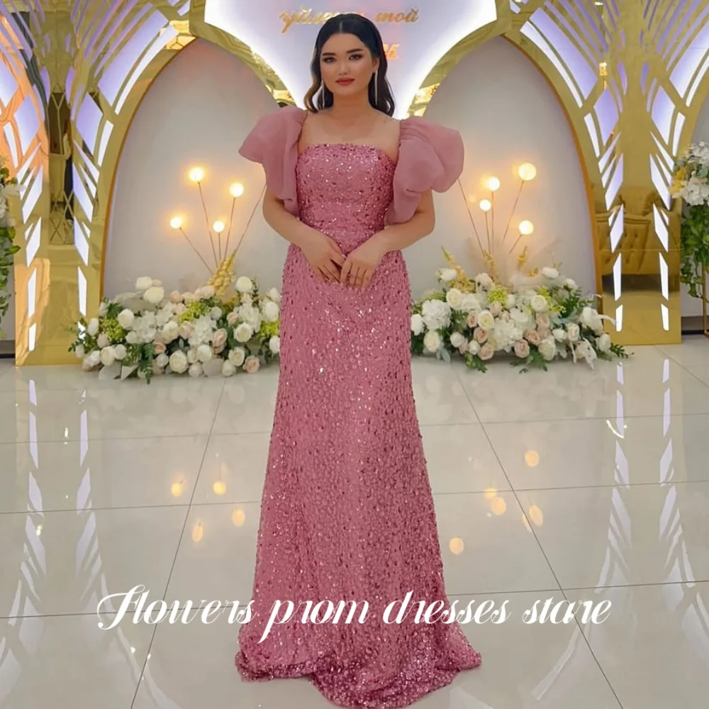 

Flowers Square Collar Party Dress Short Sleeve Evening Dress Sequins Celebrity Dress for Women فساتين مناسبة رسمية Customized