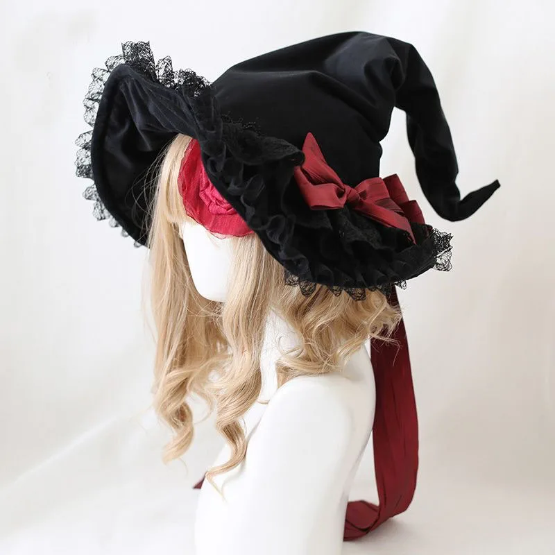 

Flowers Witch Hat Women Halloween Cosplay Lolita Bucket Hat Demon Bow Velvet Lace Halloween Hat Headwear Accessories