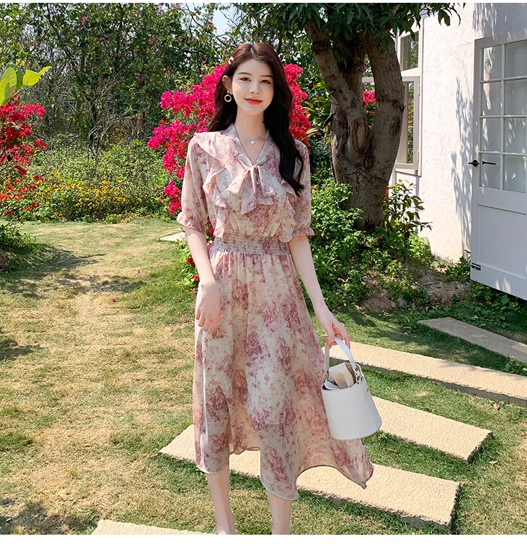 Mooie bloemen chiffon lange jurk kantoor dame zoete elegante vrouwen ruches bladerdeeg mouw elastische taille lint strik knoop Koreaanse Y2K