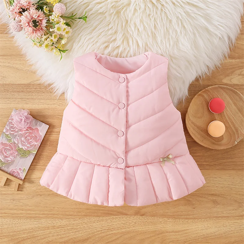 Baby Girl Vest Winter New Solid Color Beautiful Girl Dress Warm Striped Baby Girl Round Neck Sleeveless Warm Coat (0-3 Years Old