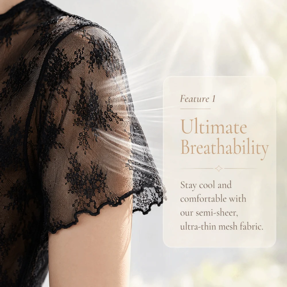 Fashion Nylon Lace Short Sleeve Top Short Sleeve Thin Light Fabric Hollow Out Layering Tee Breathable Sling Dress Cover Up Women
