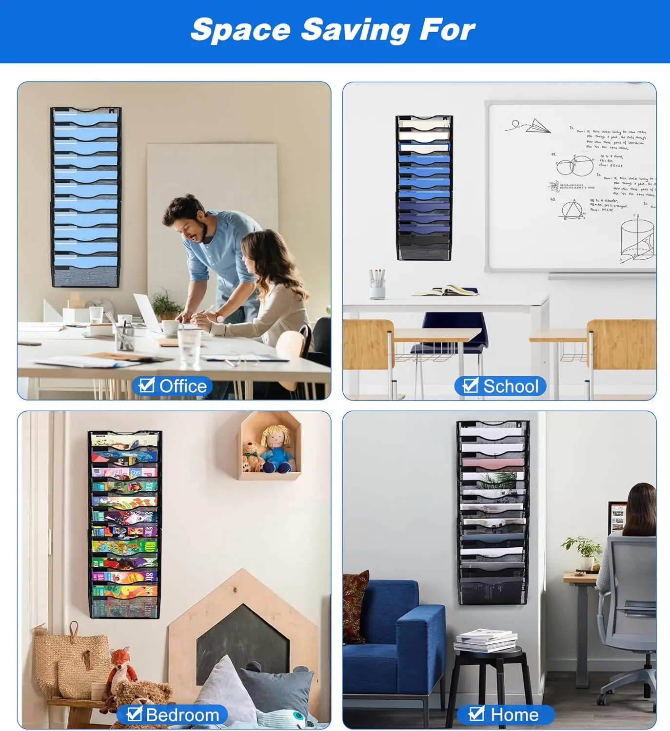 12 Pocket Wall File Holder Organizer, Black Mesh Storage for Office Documents Mail Magazine