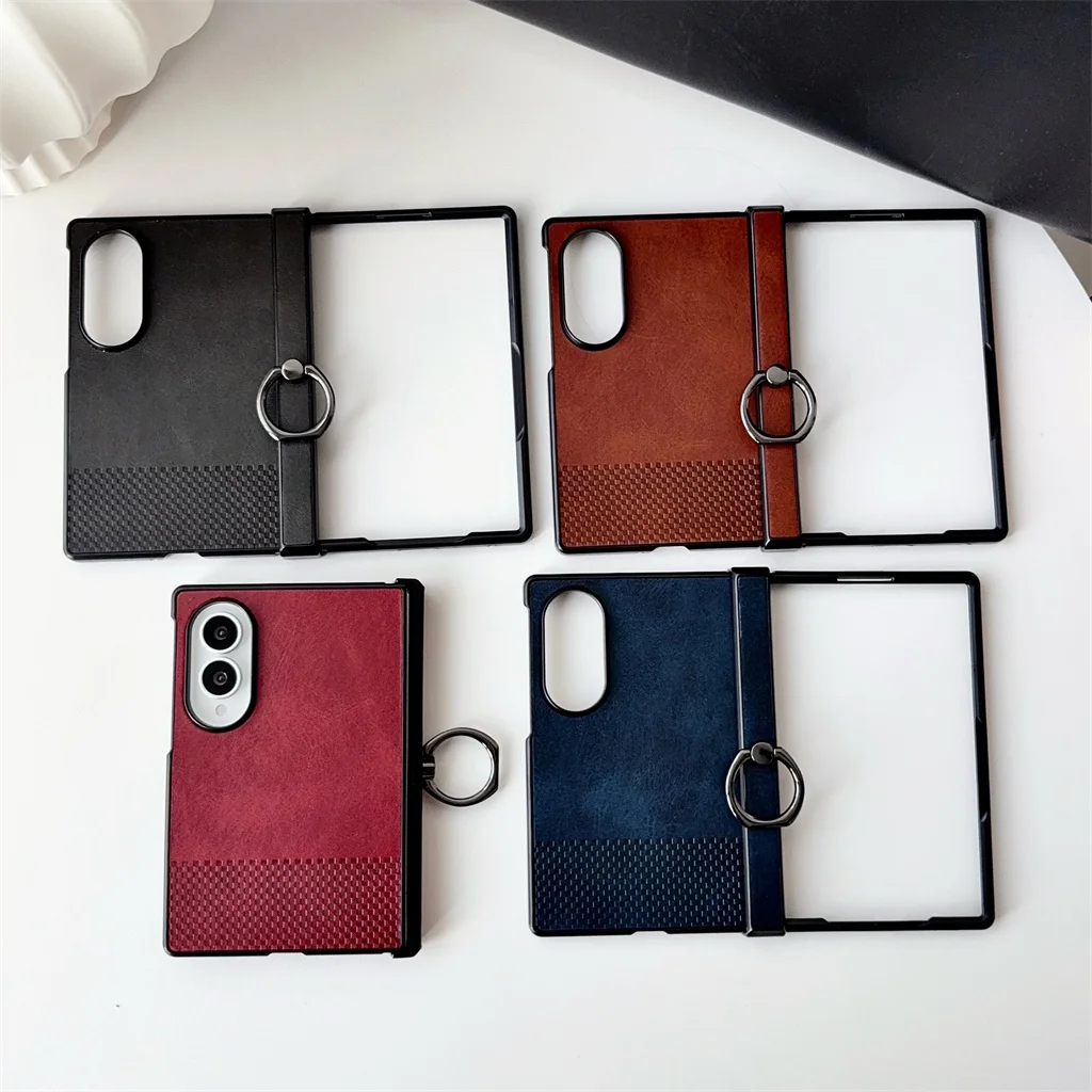 Hinge Full Protection Leather Phone Case For Samsung Galaxy Z Fold 8 Ultra Ring Holder Woven Texture Shockproof Hard Shell Cover