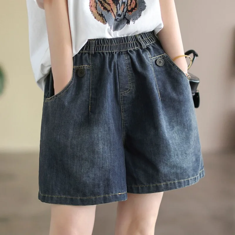 

Модные простые джинсовые шорты для женщин летом, тонкие свободные широкие брюки в корейском стиле с высокой талией и пятью точками