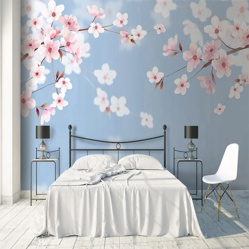 

Custom Photo Pink Peach Blossom Flowers Blue Background Wallpaper for Bedroom Living Room TV Sofa Wall Paper Waterproof 3D Mural