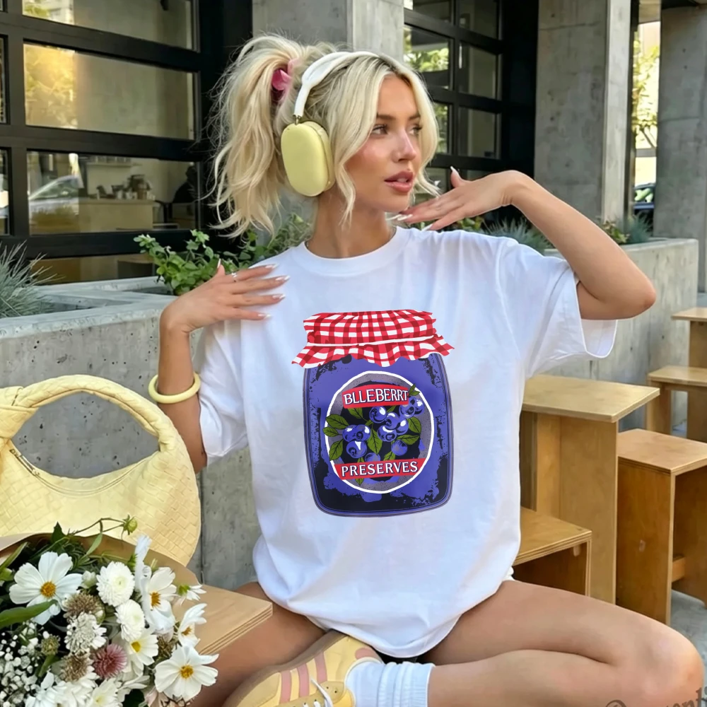 Vintage Blueberry Preserves Jar Gingham Lid Graphic T Shirt Homemade Fruit Jam Retro Can Print Crew Neck Cottagecore Farm Tees