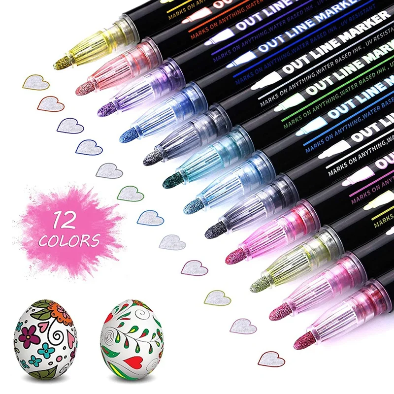 Double Line Outline Pens 12 Colors Outline Metallic Markers Glitter Outline Pens Writing Drawing Pens DIY Art Crafts