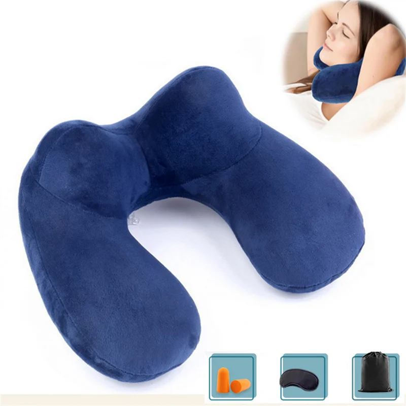 1 مجموعة U-شكل وسادة الرقبة وسادة السفر التضخم الهواء وسائد مريحة للنوم المنزل طائرة وسادة مع قناع عين سدادات الأذن #1