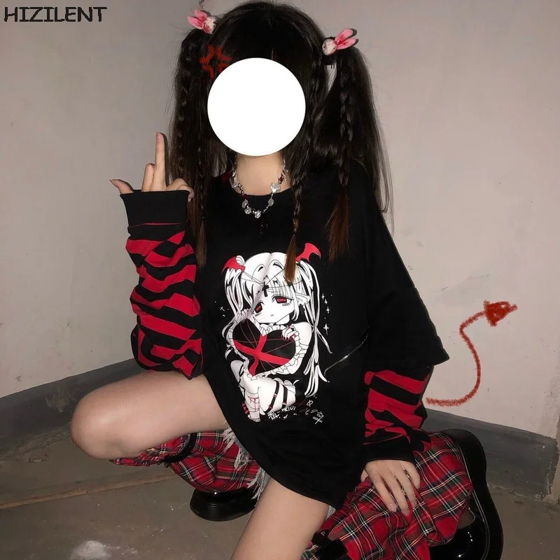 Summer Kawaii Goth Black Anime Graphic Oversized T Shirt Top Women T-shirt Loose Short Sleeve T Shirt Femme Grunge Y2K Clothes