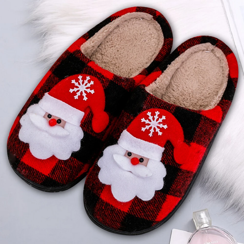 Christmas Fluffy Fur Slippers Cozy Santa Claus Plush Closed Toe Slippers Flat Plush Slip-on House Shoes Plaid Household Supplies