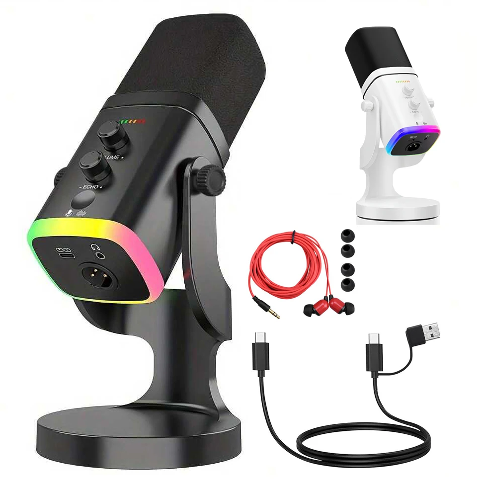 USB/XLR Dynamic Microphone for Gaming Streaming | Podcast Mic with RGB Light, Mute Button, Headphones Jack, Desktop Stand