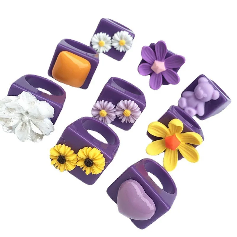 

Faionable Purple Flower Geometric Acrylic Resin Ring Sli Personali Fun Clasp Trendy Ring Ins Sle Jewelry Accory