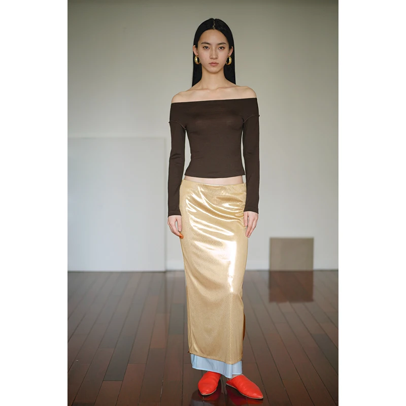 Spring Elegant Thick Satin Maxi Skirt Luxury Bright Silk-Imitated Straight Gold Skirts Women Office Lady Back Split Long Saias