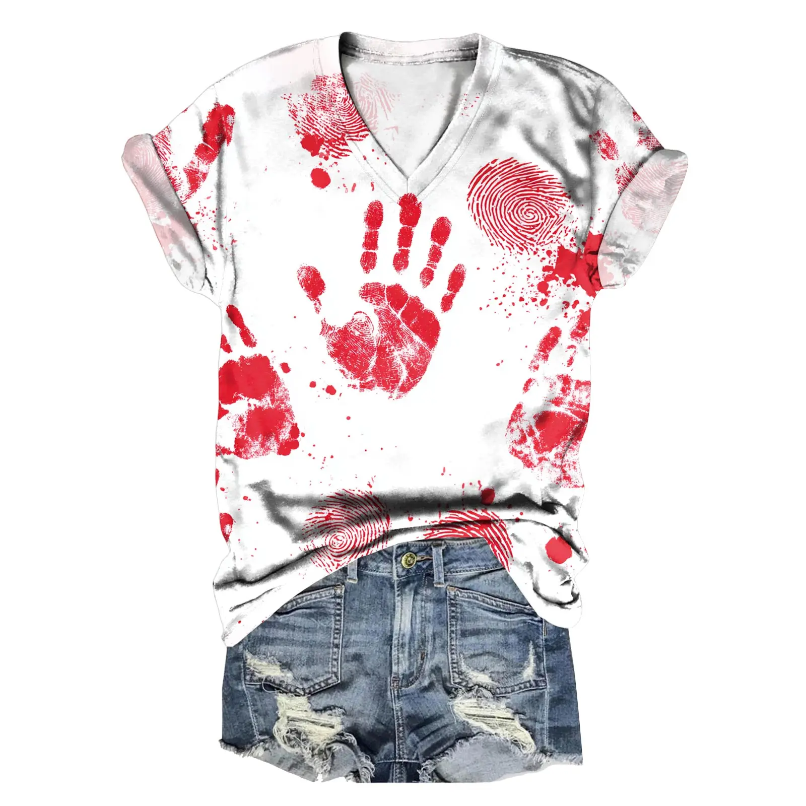 هالوين تي شيرت الدم سبلاش نمط المرأة بلايز الصيف الدموية المطبوعة قصيرة الأكمام قميص الخامس الرقبة الرعب الدموي Harajuku تيز