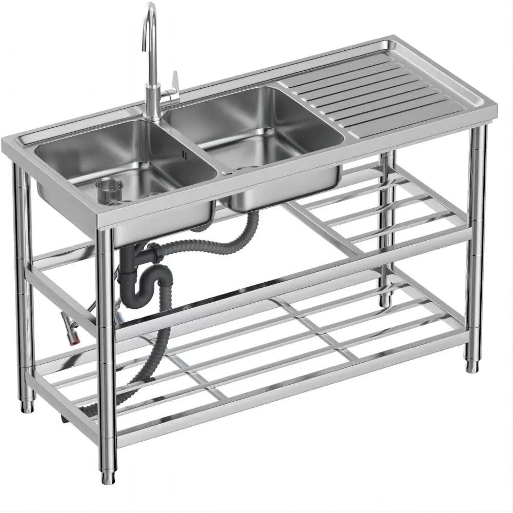 

Отдельно стоящая раковина с двойной чашей, универсальная раковина из нержавеющей стали, набор кухонных раковин для коммерческого ресторана с трубой для холодной и горячей воды и