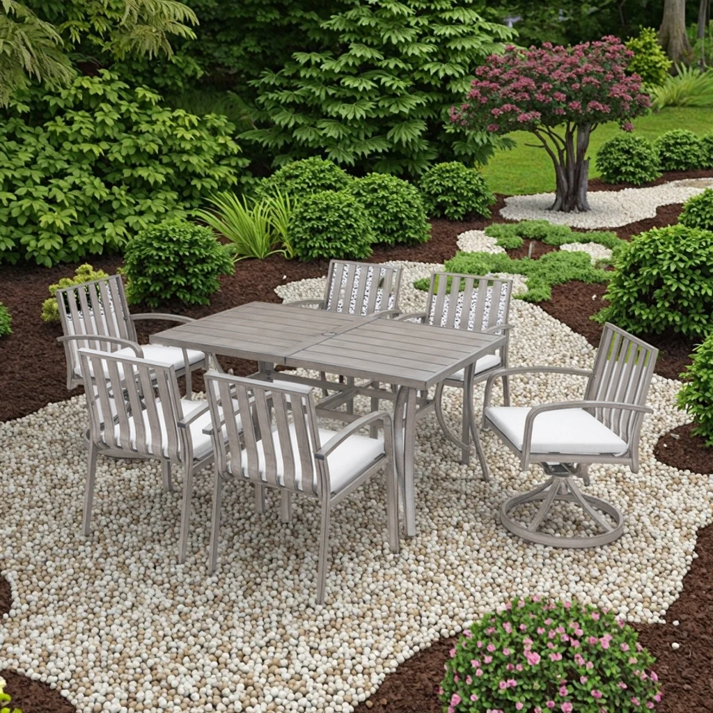 

Free US Shipping! Durable Aluminum 7-Piece Chinese Style Garden Set Slatted Top Outdoor Table Hotel Chairs Cushions for Patio