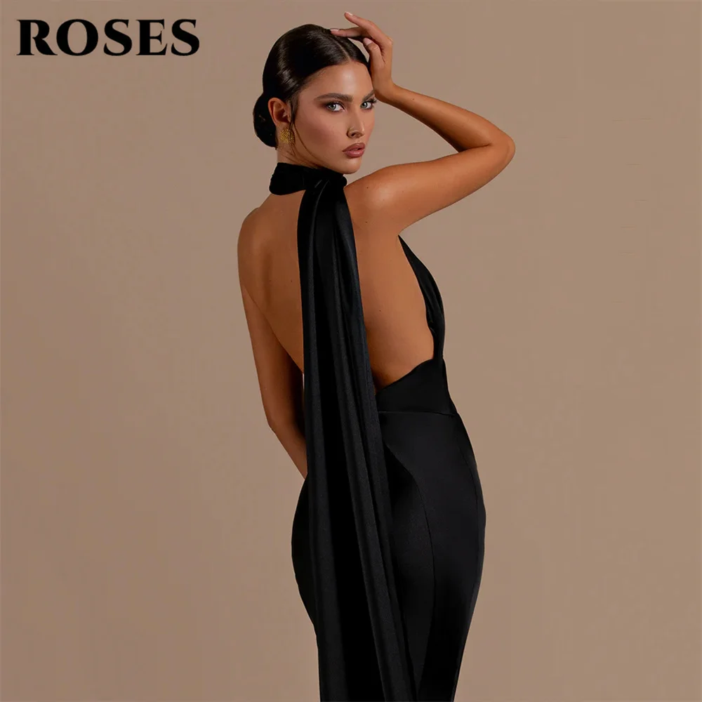 Rose Black Prom Dress Sexy Backless Halter Mermaid abiti da sera abito da festa in raso senza maniche Slim Fit lunghezza del pavimento 프