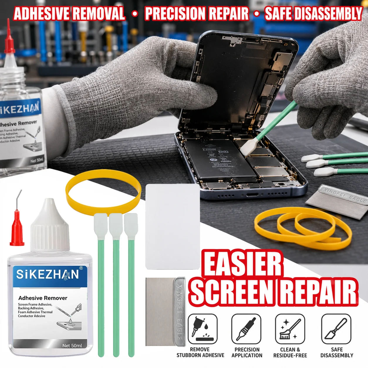 SIKEZHAN SIKEZHAN Phone Screen Repair Tool Kit, 50ml Adhesive Remover, Precision Needle, Cleaning Brushes, Pry Tools and Rubber Bands - Aliexpress Deal