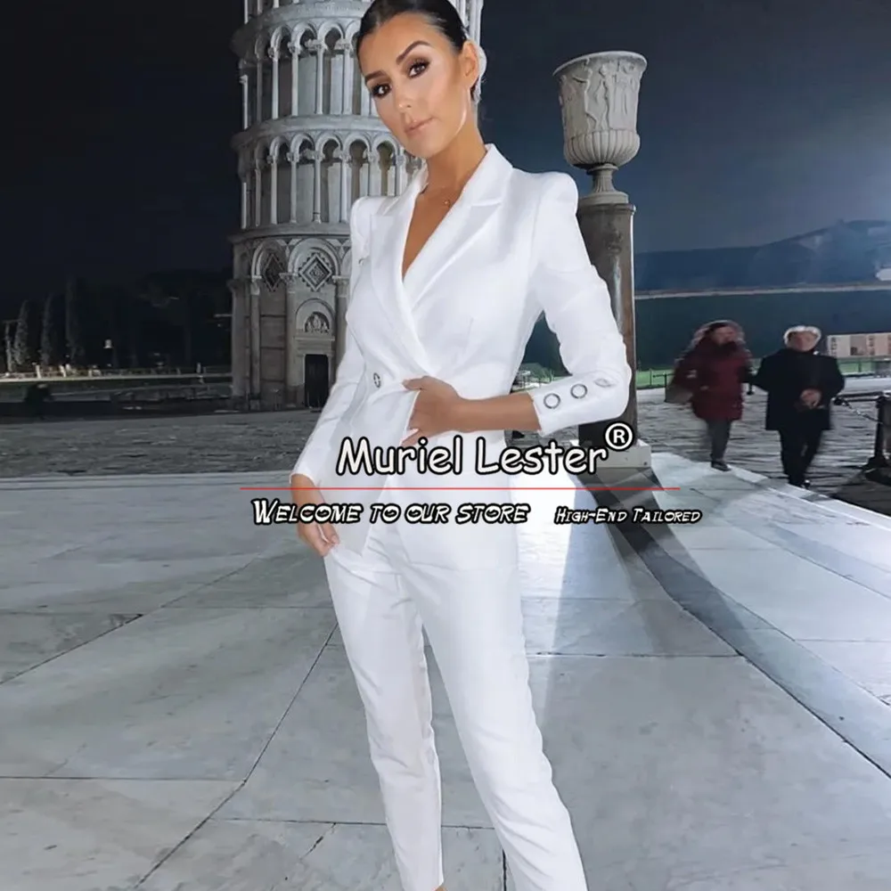 Tailoring Set Pants Suits For Women White Soild Double Breasted Coat Pants Design Latest Female Business Office Laides Clothing