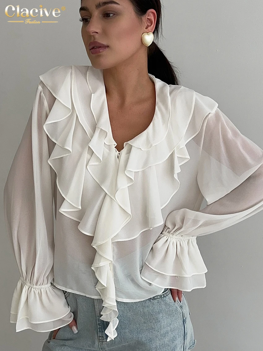Clacive Fashion Loose White Women's Shirt 2025 Sexy V-Neck Long Sleeve Shirts Lady Elegant Classic Ruffle Top Female Clothing