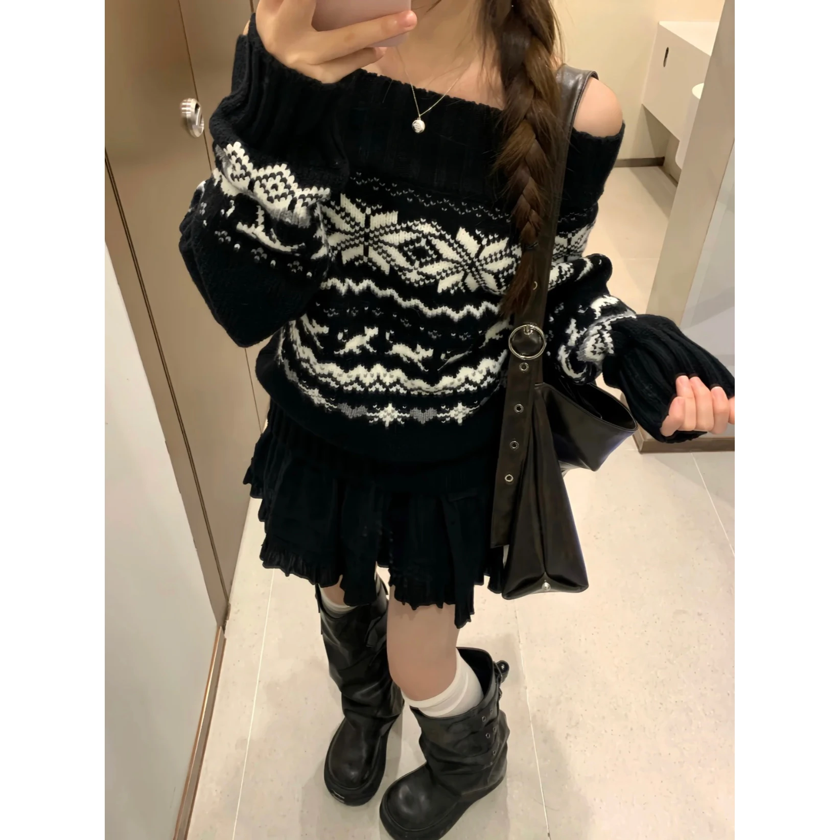 

Вязаный свитер Bla с открытыми плечами Fair Isle Snowflake Aosphere Universe f Fi Commute Sle Свободный крой Long Sve Warmth