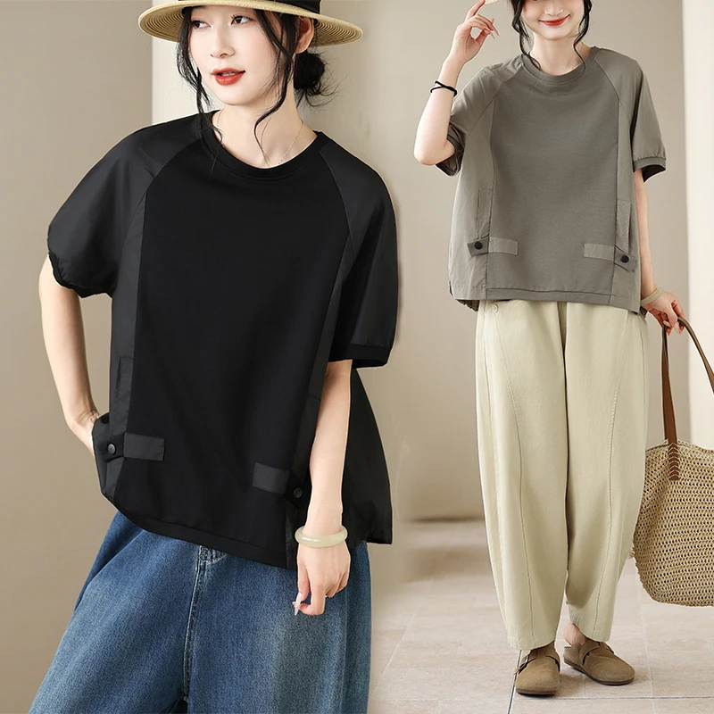 

plus Size Women's T-shirt round Neck Loose Splice Drawstring Top Slimming Summer New Style Commute Artistic Short Sleeve
