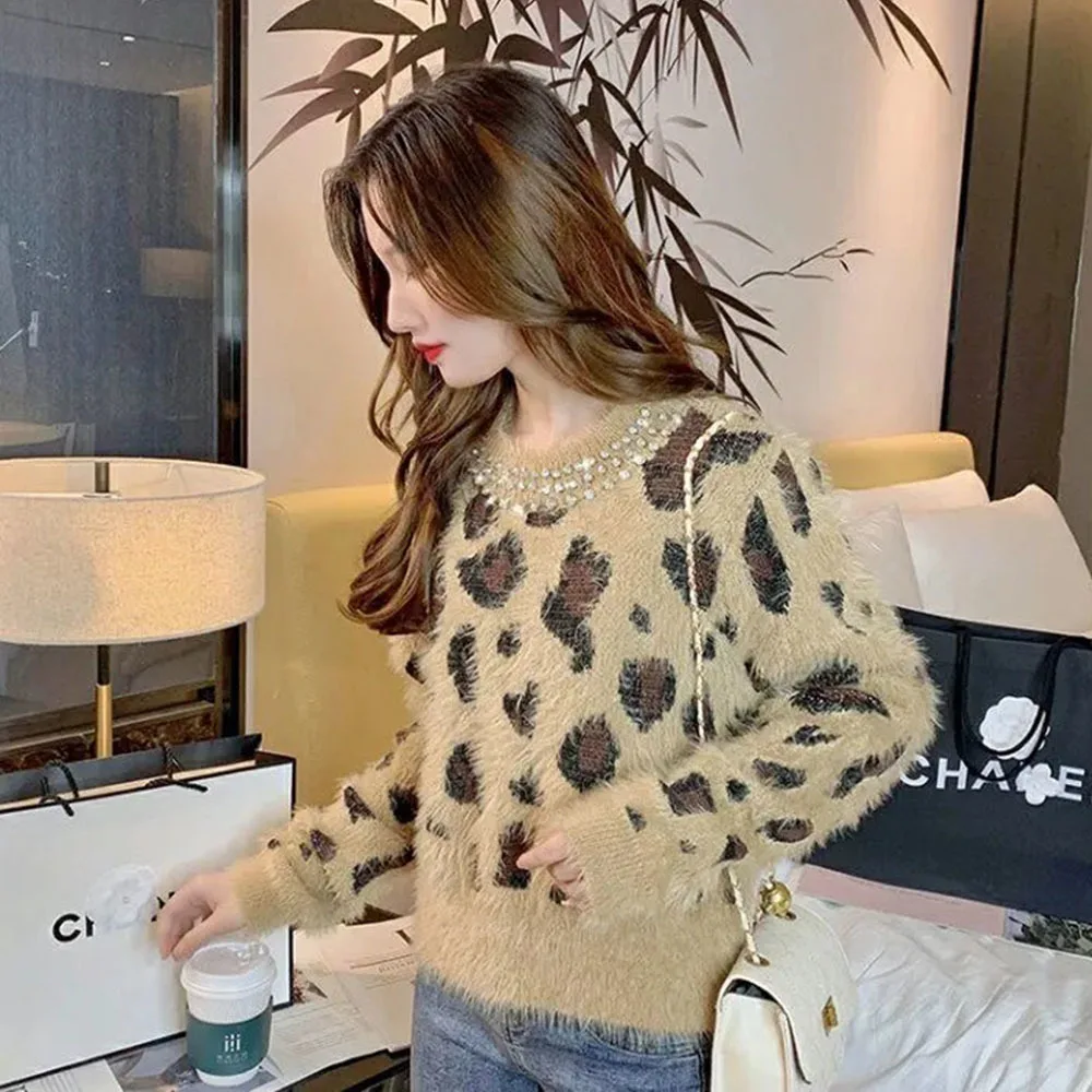 2022 Winter Clothing Women\'s Pullover Loose Fashion Sweater Korean Leopard-Print Rhinestone O-Neck Jumpers Long Sleeve Knit Tops