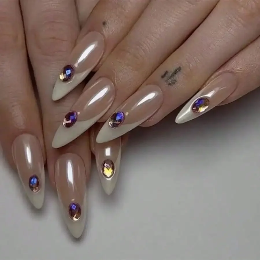 

24Pcs French White Tip Y2K Nails, Rhinestone Glitter, Reusable With Jelly Glue, Daily Party Prom, Free Shipping