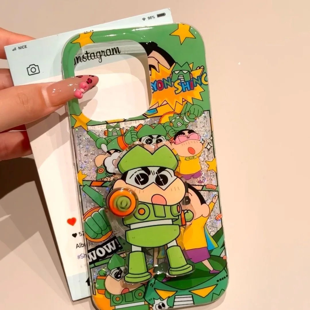 3D Anime Cartoon Cute armour robot Crayon Shin-chan bracket Phone Case For iPhone 11 12 13 14 15 16 17 Pro Max Plus Cover﻿﻿﻿﻿