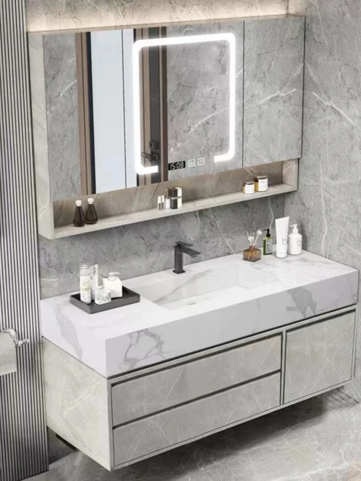 

Modern bathroom cabinet rock slab integrated hanging intelligent solid wood light luxury bathroom simple paint-free hand wash ta