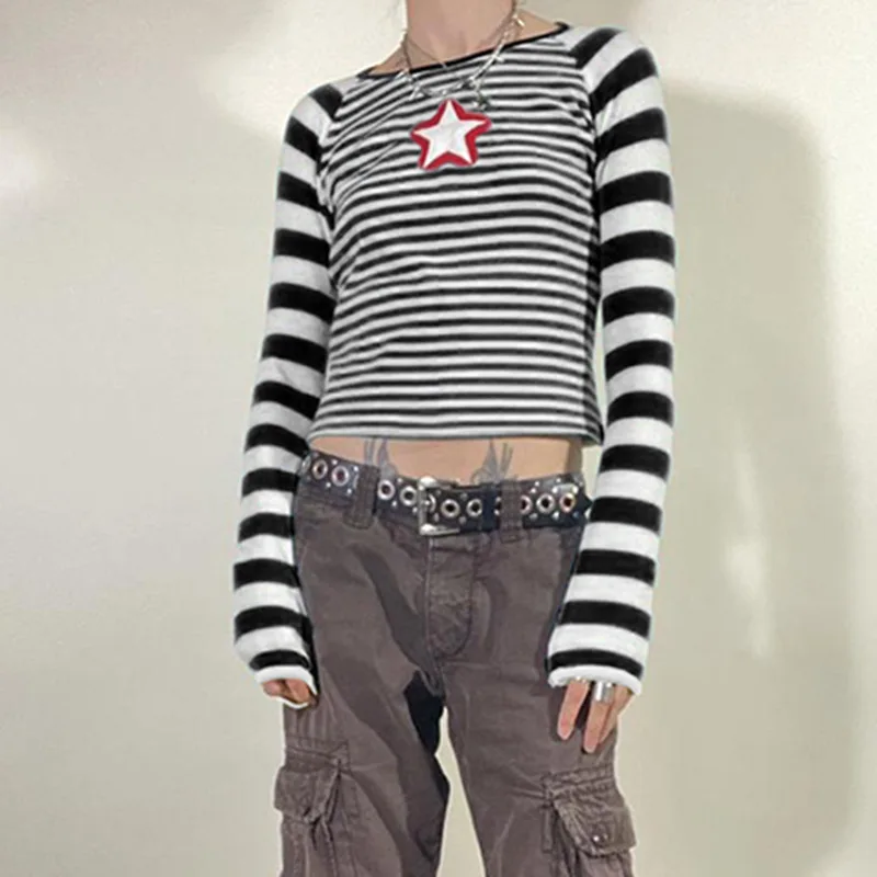 90s Vintage E-girl Emo Clothes Striped long sleeved T-shirt Y2K Grunge Knitted Autumn Tees Harajuku stars graphical Tee Streetwe