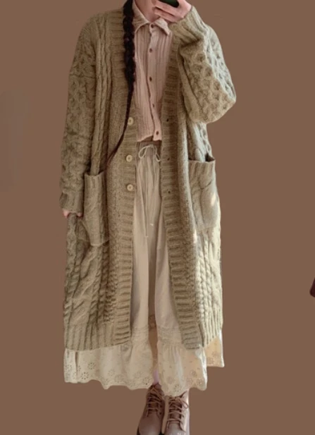 가을 겨울 일본식 우아한 레트로 두꺼운 롱 스웨터 가디건 패션 소녀 루즈핏 나이 감소 V넥 니트 울 스웨터