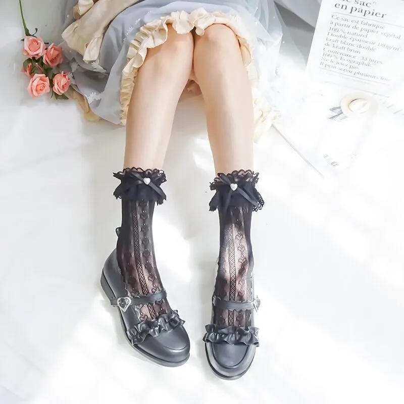 Women's Summer Spring Cotton Socks Black Jk Bow Sweet Mid-leg Calf Socks Sweet Style Girls Gift Thin White Lolita Lace Stocking