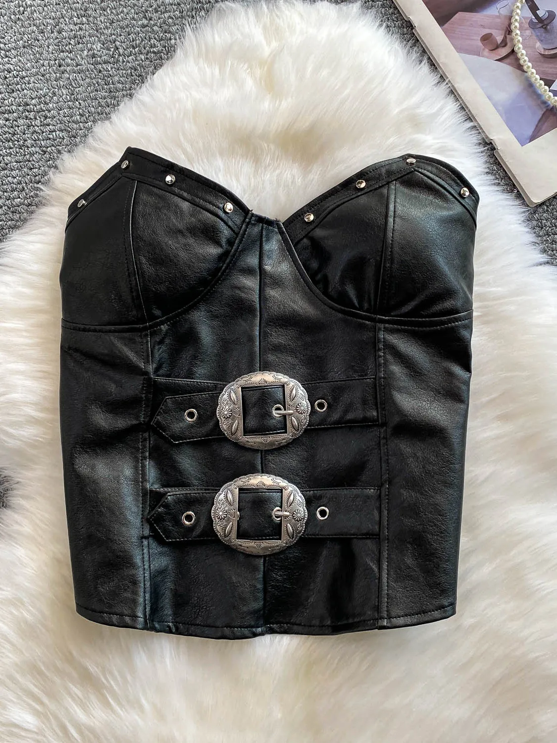 Ele Retro Button-Up Tube Top Vest Donna Dimagrante PU Pelle ort irt Sli High-End Feel Cinese Faion Estate 2025