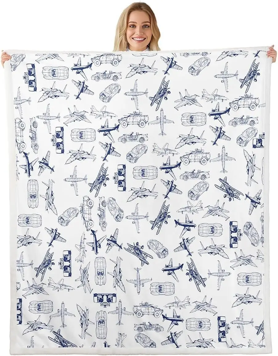 Airplane and Car Blanket Vehicle Pattern Fleece Throw Kids Room Decor Transportation Theme Cozy Bed Cover
